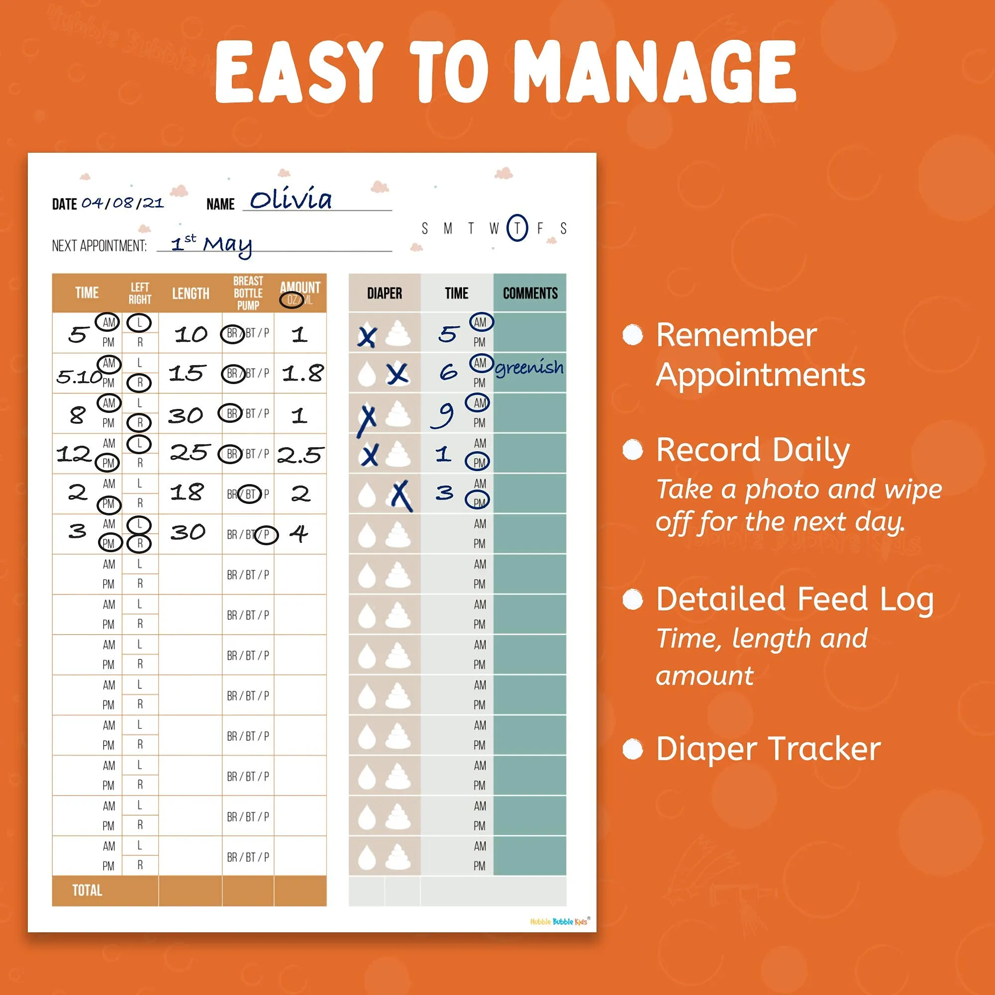 Baby Feeding Schedule Chart and Infant Diaper Tracker - 2 Dry Erase Posters for Nursing