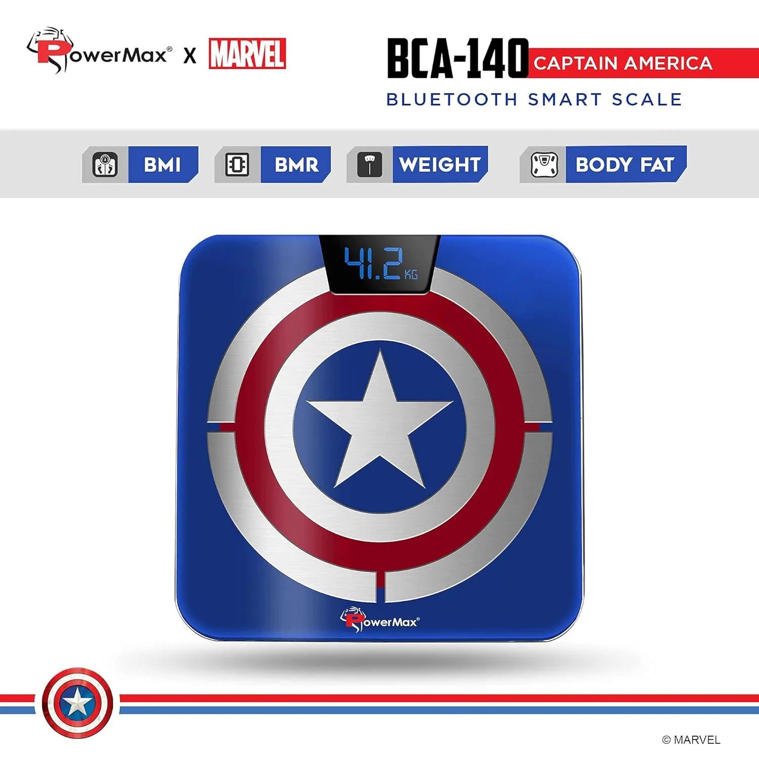 BCA-140 Marvel Edition Captain America Series Digital Weight Machine for Human Body - High Accuracy Bathroom Weighing Scale with Step-on Technology & Super Durable 6mm Tempered Glass