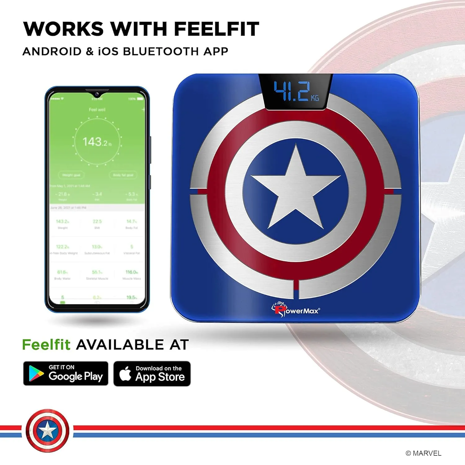 BCA-140 Marvel Edition Captain America Series Digital Weight Machine for Human Body - High Accuracy Bathroom Weighing Scale with Step-on Technology & Super Durable 6mm Tempered Glass