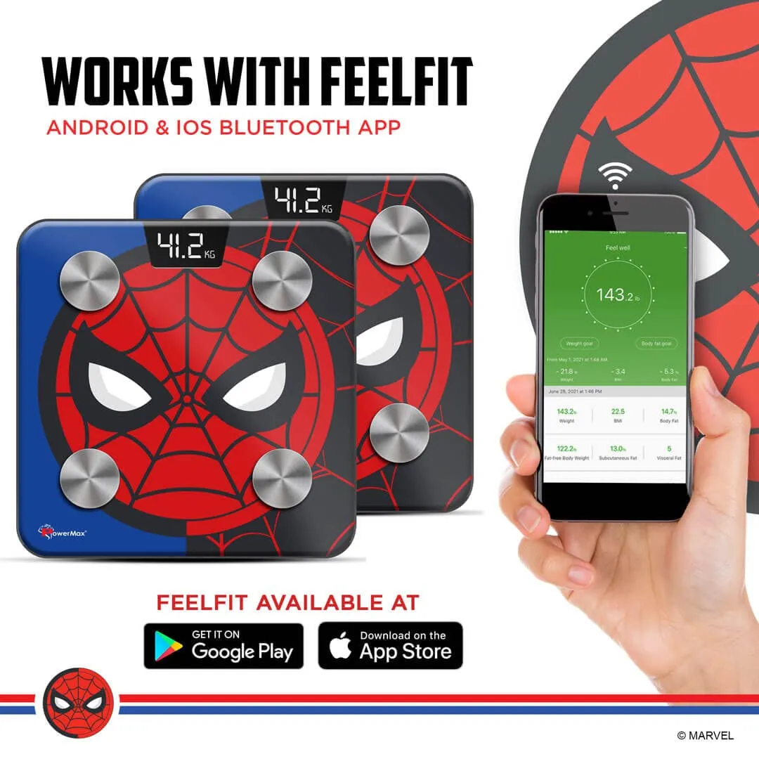 BCA-145 Spider-Man Edition Digital Bathroom Weight Scale for Human Fitness Body Weight with Max Weighing Capacity 180kg | LED Display | Tempered Glass | Mobile App and Body Fat Analyzer