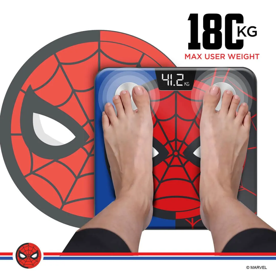 BCA-145 Spider-Man Edition Digital Bathroom Weight Scale for Human Fitness Body Weight with Max Weighing Capacity 180kg | LED Display | Tempered Glass | Mobile App and Body Fat Analyzer