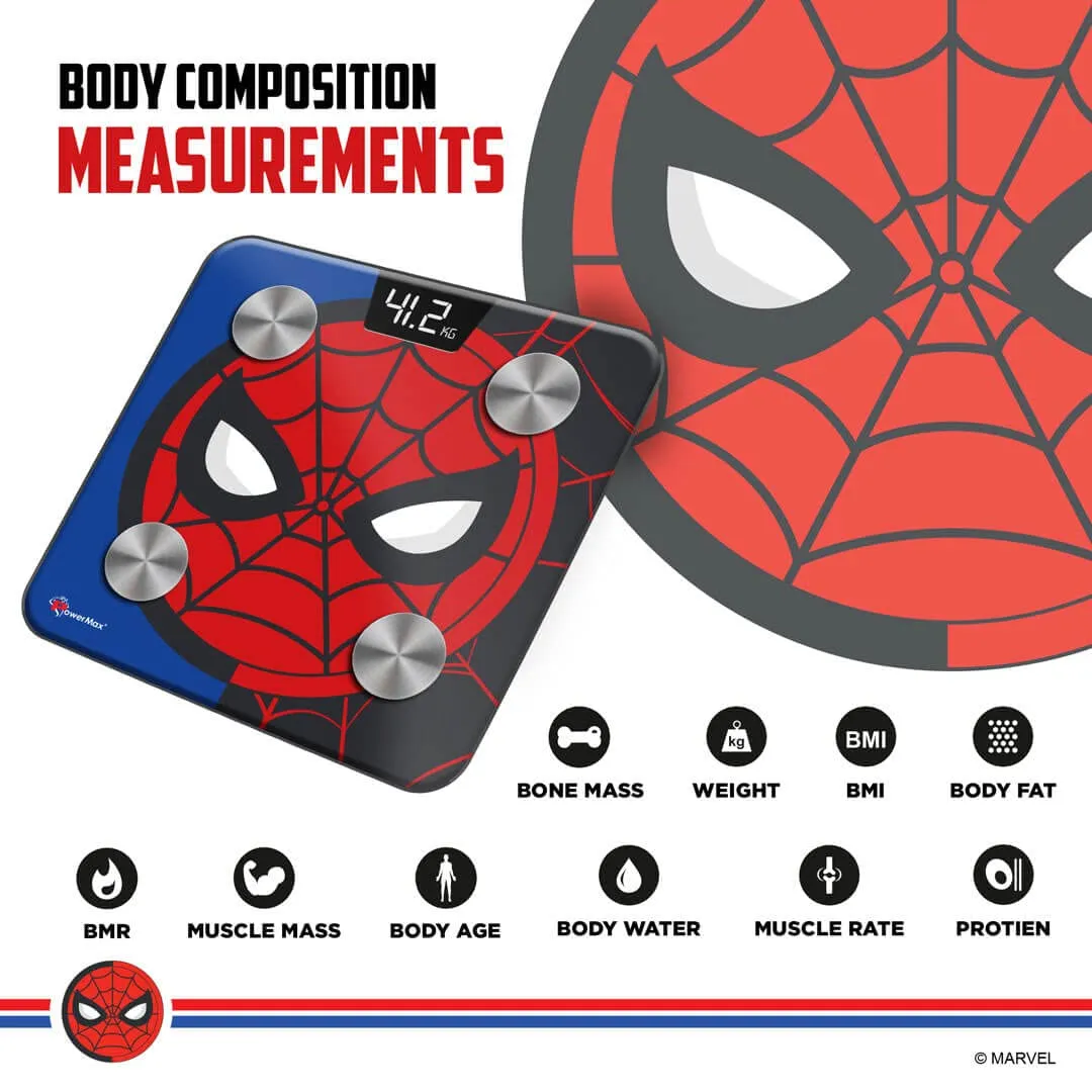 BCA-145 Spider-Man Edition Digital Bathroom Weight Scale for Human Fitness Body Weight with Max Weighing Capacity 180kg | LED Display | Tempered Glass | Mobile App and Body Fat Analyzer