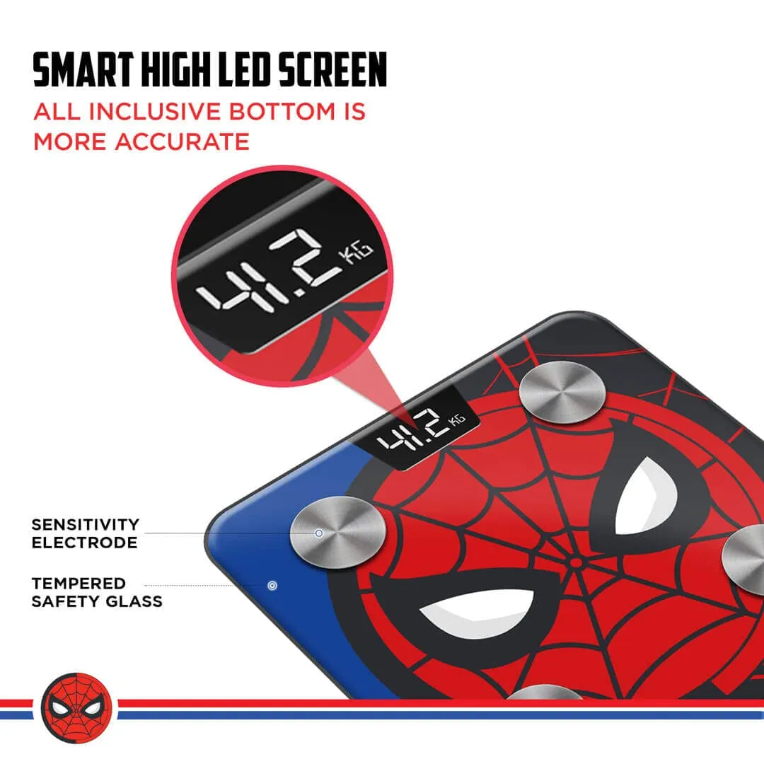 BCA-145 Spider-Man Edition Digital Bathroom Weight Scale for Human Fitness Body Weight with Max Weighing Capacity 180kg | LED Display | Tempered Glass | Mobile App and Body Fat Analyzer