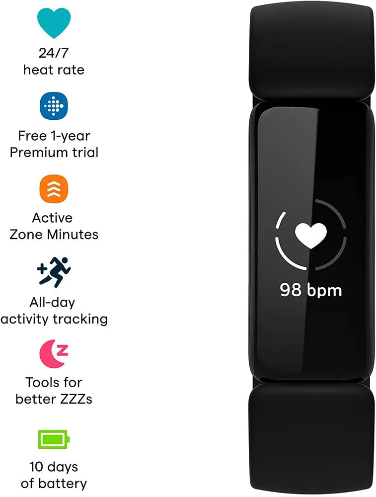 Fitbit Inspire 2 Health & Fitness Tracker, 24/7 Heart Rate, Black/Black, One Size (S & L Bands Included)