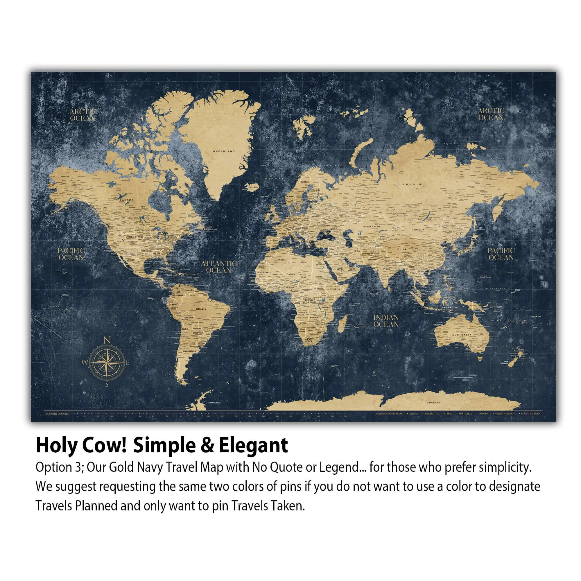 Gold & Navy Textured World Push Pin Map on Canvas