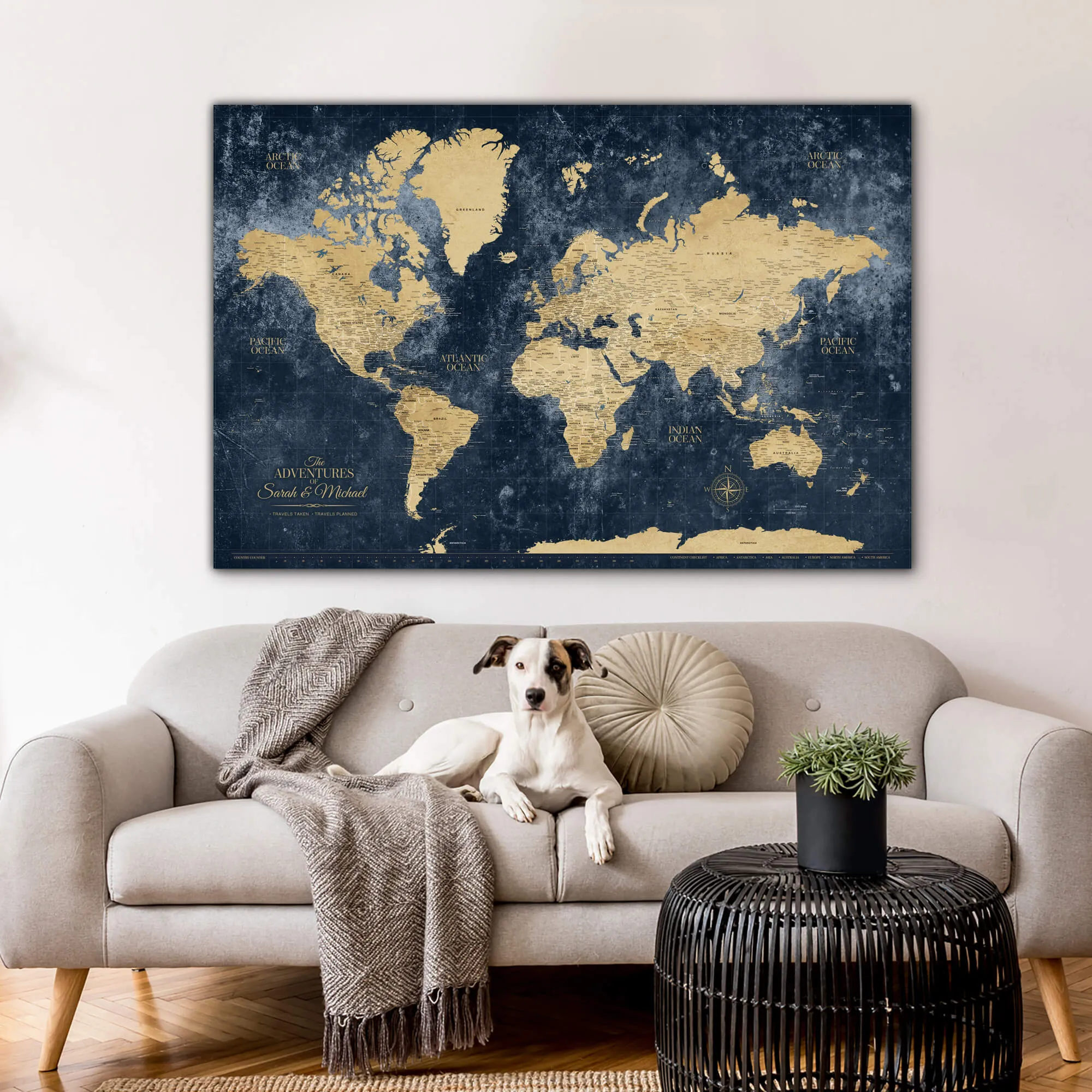 Gold & Navy Textured World Push Pin Map on Canvas