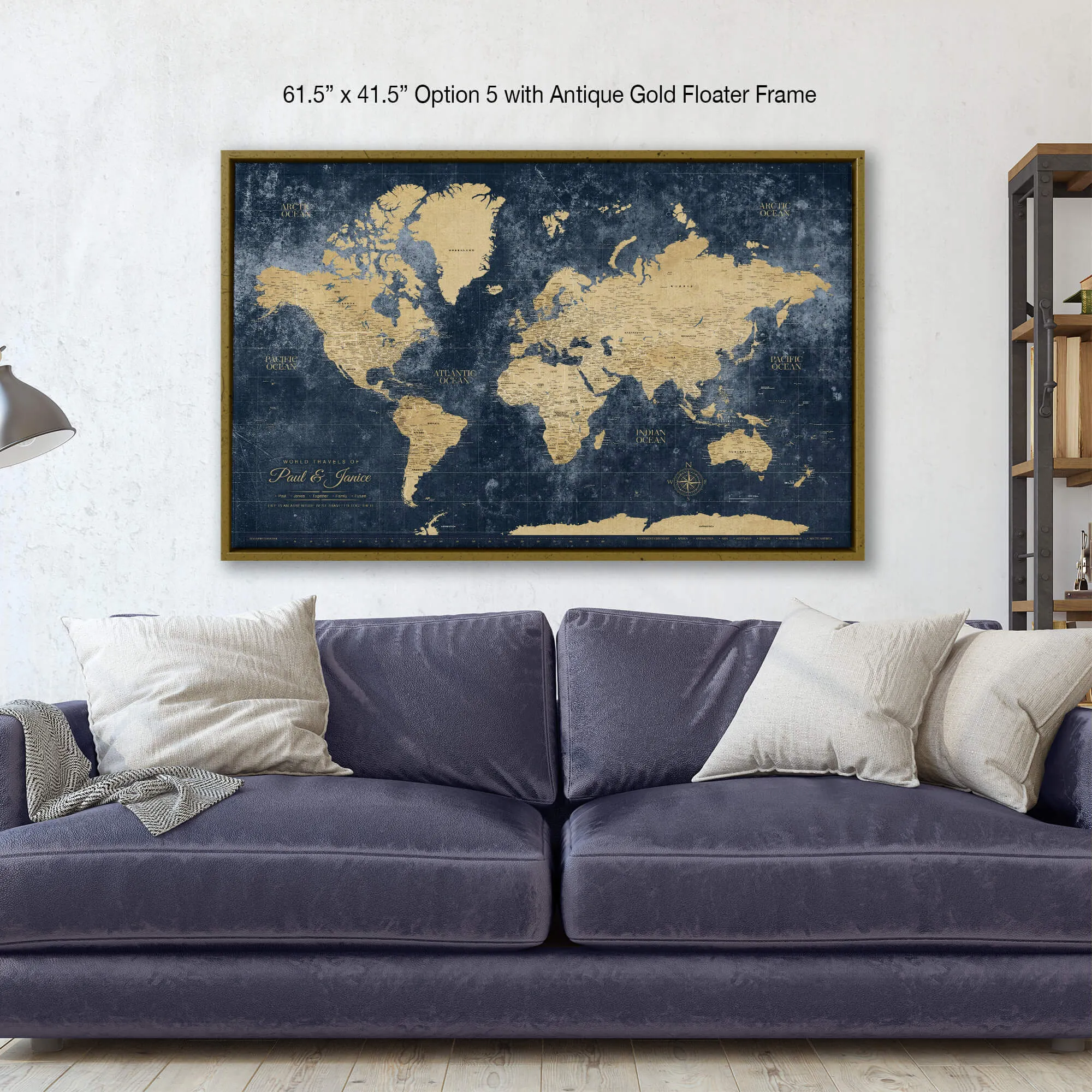 Gold & Navy Textured World Push Pin Map on Canvas