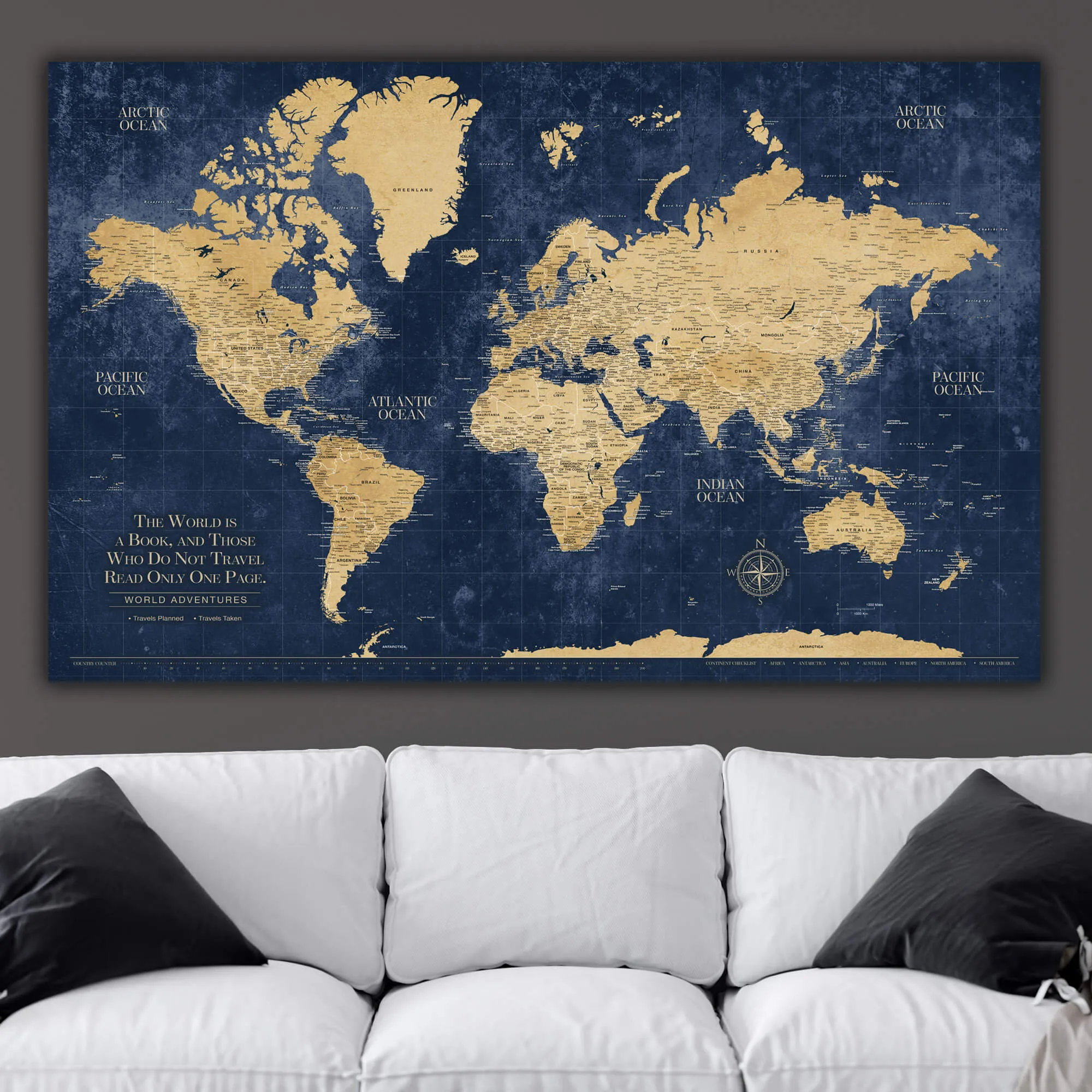 Gold & Navy Textured World Push Pin Map on Canvas