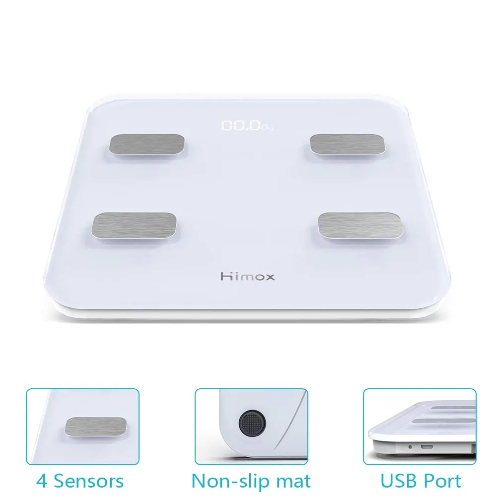 HIMOX Body Fat Scale, Highly Accurate Smart Bluetooth Digital Bathroom Body Composition Analyzer with 23 Body Composition Measuring Functions, 180 KG, USB Rechargeble, 6mm-Thick Glass