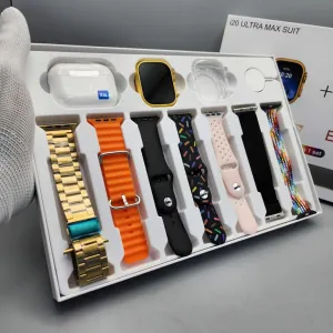 i20 Ultra MAX Suit(10 in 1 Set) SmartWatch   Aiir pods Pro with Transparent Screen Guard Watch with Seven Decorated Straps Rjmobile01