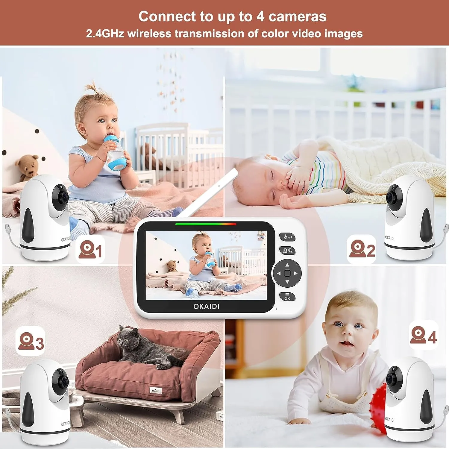 OKAIDI Baby Monitor with Camera and Audio, 720P 5" HD Display Baby Monitor, 5000Mah Battery, Remote Pan-Tilt, 3X Zoom, Night Vision, 2-Way Talk, Temperature,Lullabies,1000Ft Range Baby Monitor No Wifi