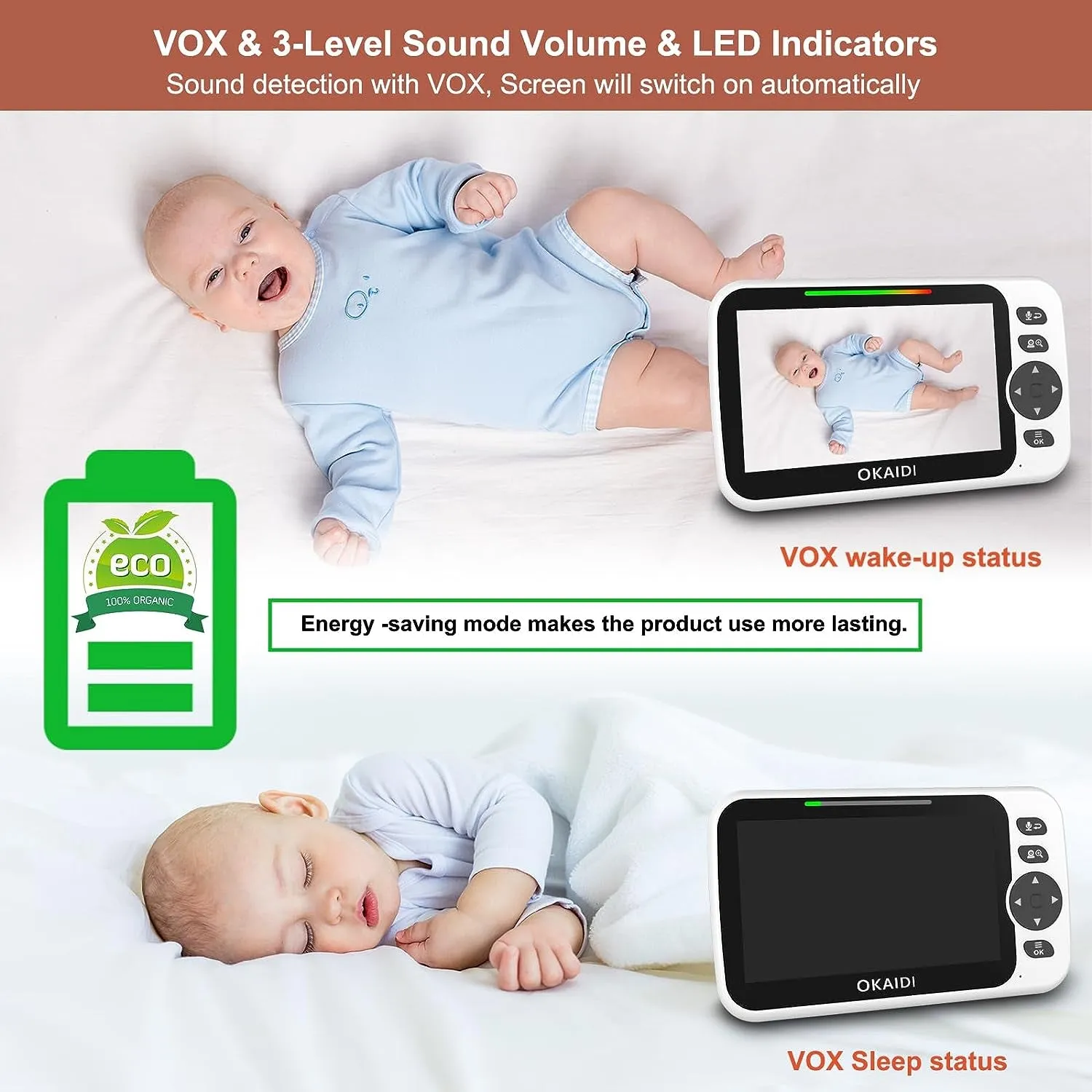 OKAIDI Baby Monitor with Camera and Audio, 720P 5" HD Display Baby Monitor, 5000Mah Battery, Remote Pan-Tilt, 3X Zoom, Night Vision, 2-Way Talk, Temperature,Lullabies,1000Ft Range Baby Monitor No Wifi