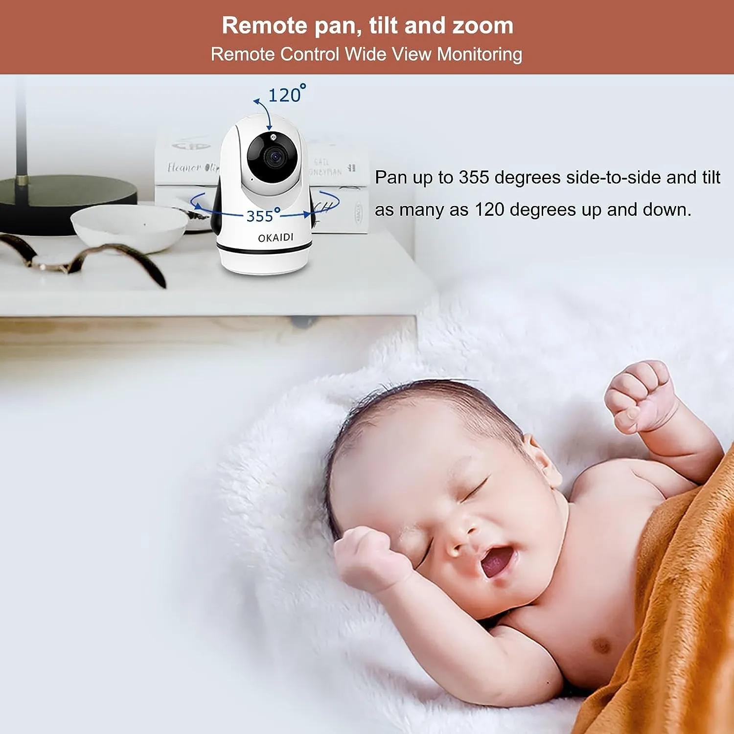 OKAIDI Baby Monitor with Camera and Audio, 720P 5" HD Display Baby Monitor, 5000Mah Battery, Remote Pan-Tilt, 3X Zoom, Night Vision, 2-Way Talk, Temperature,Lullabies,1000Ft Range Baby Monitor No Wifi