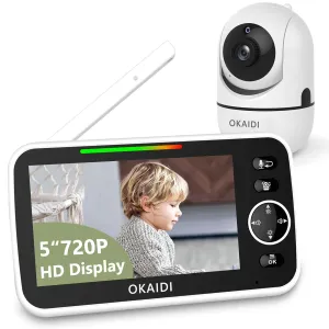 OKAIDI Baby Monitor with Camera and Audio, 720P 5" HD Display Baby Monitor, 5000Mah Battery, Remote Pan-Tilt, 3X Zoom, Night Vision, 2-Way Talk, Temperature,Lullabies,1000Ft Range Baby Monitor No Wifi