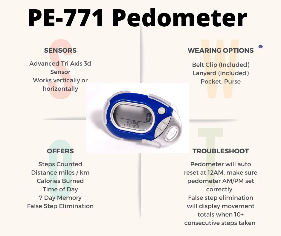 Pedusa PE-771 Tri-Axis Multi-Function Pocket Pedometer with Clip & Lanyard