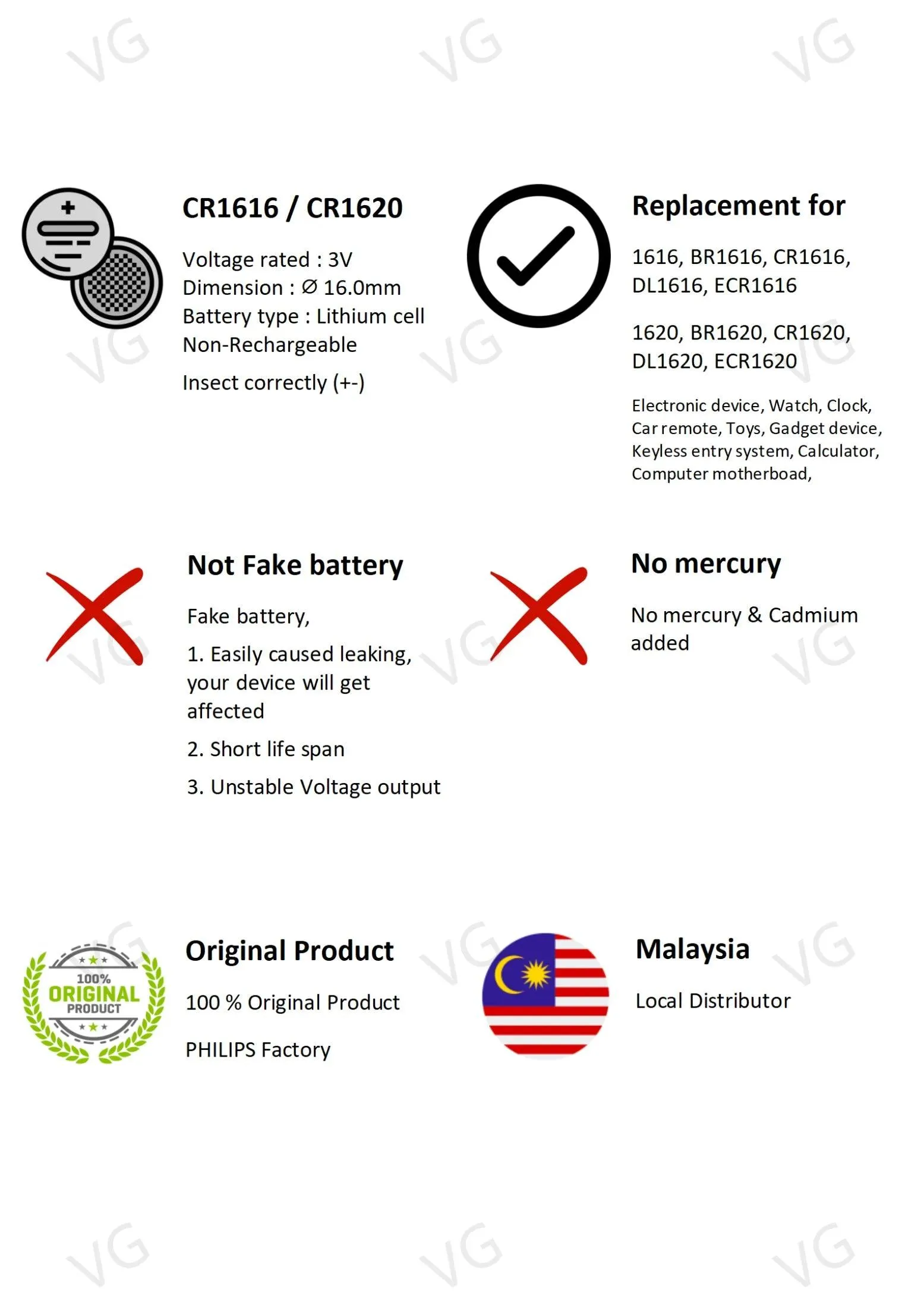 PHILIPS  LITHIUM COIN CELL (CR1620) - 3V