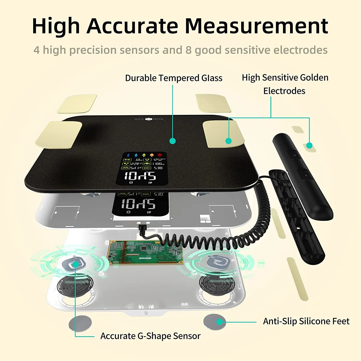 Scale for Body Weight, Runstar 8 Electrodes High Accurate Rechargeable Composition Analyzer with BMR Index Body Fat Digital Scale Composition Muscle & Fat Measurement Large Display 400Lb