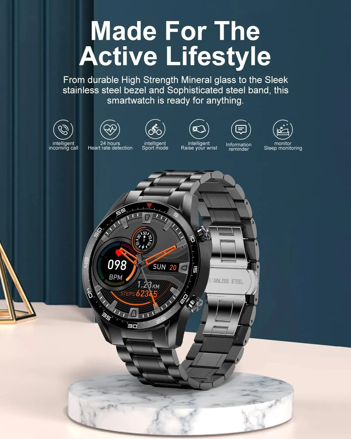 Smartwatch for Men, Fitness Tracker Bluetooth Calls Voice Chat Stainless Steel with Heart Rate Sleep Monitor, 1.3" Full Touch Screen IP67 Waterproof Activity Trackers for Android Ios, Black